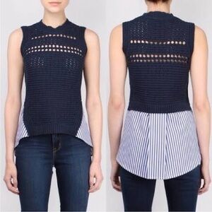 Veronica Beard Sleeveless Navy Knit-Layered Top with Striped Back